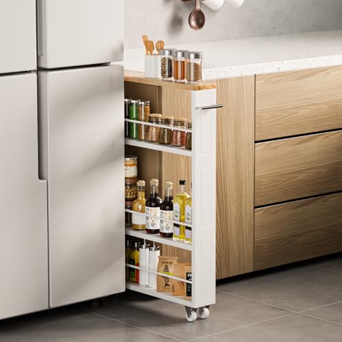 4 Tier White Slim Storage Cart with Handle, Slide... (White/Natural | Wood)