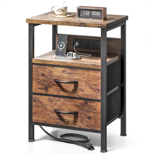 Night Stand with Charger Station for Bedroom, Brow...