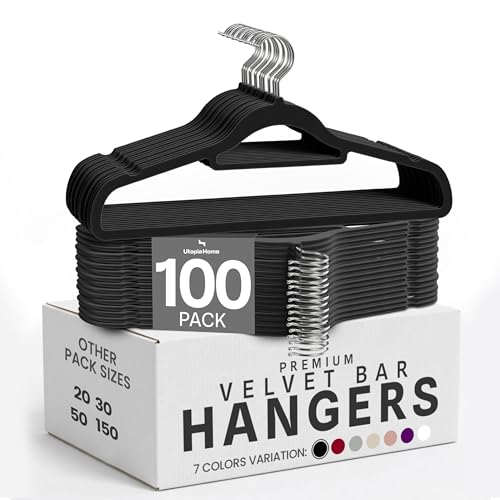Utopia Home Velvet Hangers 100 Pack – Premium Hangers with Tie Bar - Black | Non-Slip Slim Clothes & Coat Hangers with Tie Bar, Space-Saving Heavy Duty Design, 360° Swivel Hook