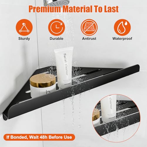 Shower Caddy Storage, Triangle Corner Shelf with Adhesive Glue | Metal Bathroom Shelf Storage, Adhesive or Screw Wall Mounted Corner Shower Rack, Black Rustproof Bath Organizer Accessory
