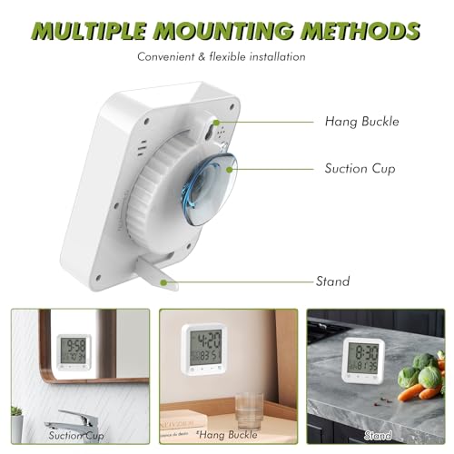 Digital Shower Clock Waterproof, Bathroom Wall Clock Timer with Touch Screen, Temperature, LCD Display, Suction Cup Hanging Hole Stand for Kids and Adults
