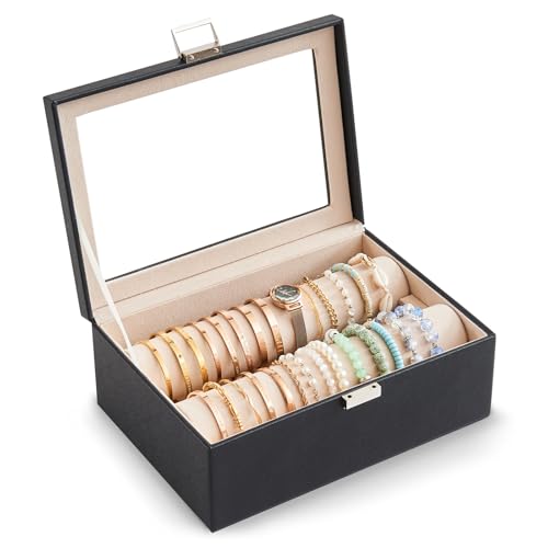 Bracelet Display Holder with Clear Lid -Black (Black | Faux Leather)