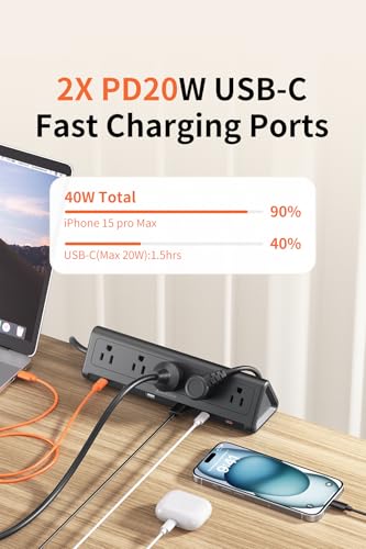 6.5 FT Desk Clamp Power Strip with 5 AC Outlets & 6 USB Ports PD 40W USB-C Fast Charging, Extension Cord with Multiple Outlets, Fits 2.1 in top Edge Black