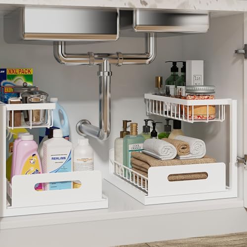 Under Sink Organizer, L-Shaped 2 Tier Pull Out Cab... (2 Count | White | Alloy Steel)