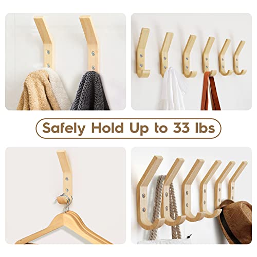 Wood Wall Hooks 4 Pack Organizer Heavy Duty Coat Hooks for Hanging Coats | Rustic Oak Wood Hooks with Double Curve Design Space-saving Decorative Wall Storage for Bathroom Key Bag Towels Easy Install