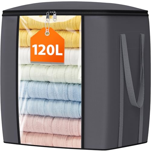 TasticTotes 120L Extra Large Blanket Clothes Storage Bags, Gray, 1 Pack | Foldable Blanket Storage and Organization, Thick Fabric Containers with Reinforced Handles & Zippers for Comforters, Bedding