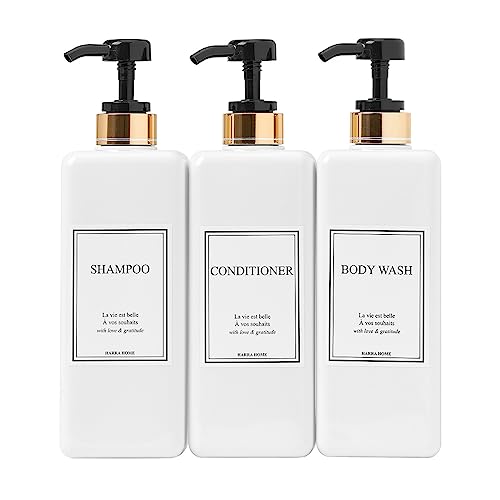 Modern Gold Design Shampoo and Conditioner Dispenser - Large 27oz Shower Soap Dispenser, Set of 3 Refillable Empty Plastic Pump Bottles for Bathroom and Body Wash (6 Waterproof Labels Included), Black