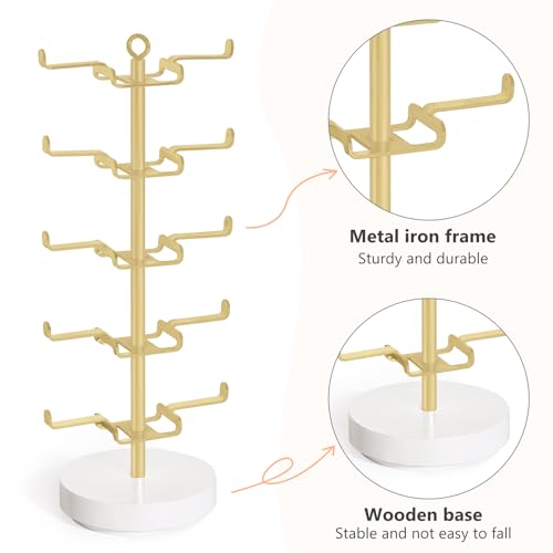 Mkono 360° Rotating Sunglass Organizer, Metal Glasses Holder Display Stand | Space-Saving, Holds 10 Eyewear Pairs, Stable Wood Base, Easy to Assemble, Dresser Desk Table Countertop Bedroom Gift Ideal