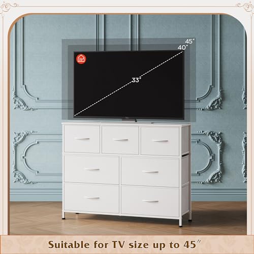 WLIVE Dresser for Bedroom, 7 Drawers, TV Stand, White | 7 roomy fabric drawers, Fits TVs up to 45 inch, Bedroom or living room, Wide storage design, Chest of drawers