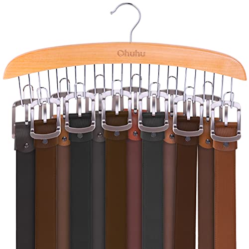 Ohuhu Belt Hanger 12 Hooks Wooden 360° Rotating Closet Organizer | Max 36 Belts Storage, Stainless Steel Hooks, Wooden Frame, Rustproof & Space Saving, Great for Ties, Scarves, Purses