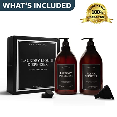 Calindiana Modern Farmhouse Liquid Laundry Detergent and Fabric Softener Dispenser for Laundry Room Decor and Organization, PET Plastic Landry Soap Containers with Water Resistant Labels, Amber 64oz