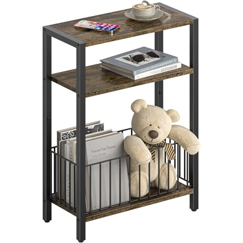 Narrow Side Table with Storage Basket, Small End T... (Rustic Brown | Engineered Wood)