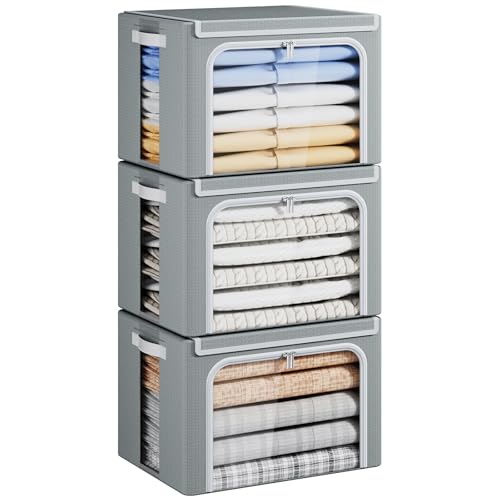 Clothes Storage Bins with Metal Frame, Foldable Or... (3 Count | Grey)