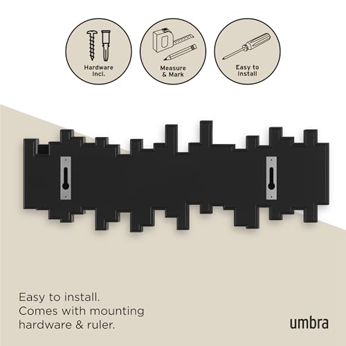 Umbra Sticks Wall Mount Coat Rack, 5 Hook Retractable Pegs, Black | Mounting hardware included, sculptural modern design, entryway or bedroom use, recycled plastic