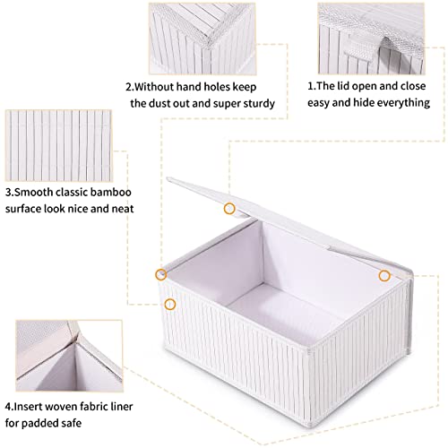 Bamboo Decorative Storage Boxes - Set of 3 Woven Lined Storage Basket with Lids, White Wicker Lidded Baskets for Home Kitchen Shelf Organizer Decor