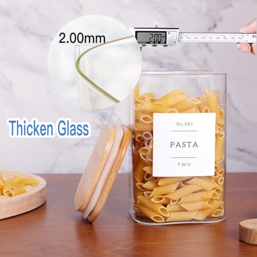 CZZGSM 6 Pack Square Kitchen Storage Jars with Airtight Bamboo Lids and 132 Pantry Labels - 35oz Glass Canisters With Wood Lids - Food Storage Containers for Coffee, Cookie, Tea, Spice