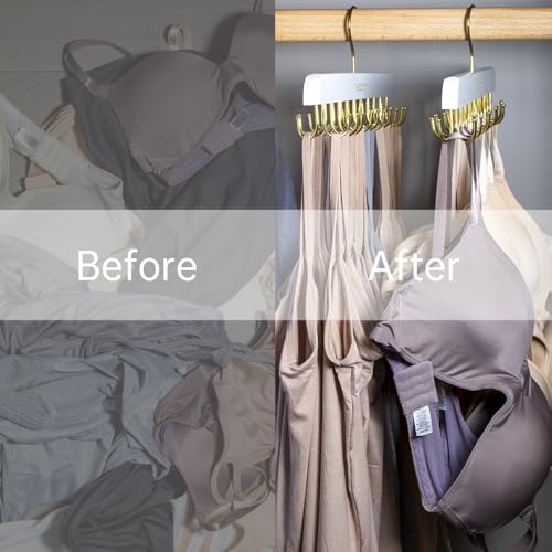 2 Pack White Wooden Bra Hanger Space Saving Closet Organizer for Tank Top | Multi golden hooks hold belts, caps,camis, swimwear, hats, ties,scarves and lingerie neatly 360° rotating non-Slip