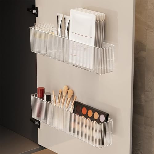 Lae Nuvole Wall Organizer, 2-Pack Clear Adhesive Shelves for Narrow Space | 3 Compartments, Slim 2.28" Depth, No-Drill Adhesive Mount, renter friendly, for Bathroom Vanity, Office, Cabinet Door