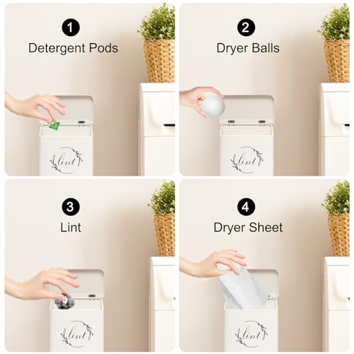 Magnetic Lint Bin for Laundry Room, Metal Lint Trash Can with Lid for Dryer, Wall Mounted Lint Holder Box with Lint Brush, Modern Farmhouse Laundry Room Decor, Cream