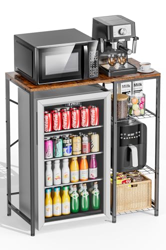Mini Fridge Stand with Storage Shelves, 3-Tier Mic... (Metal, Wood)