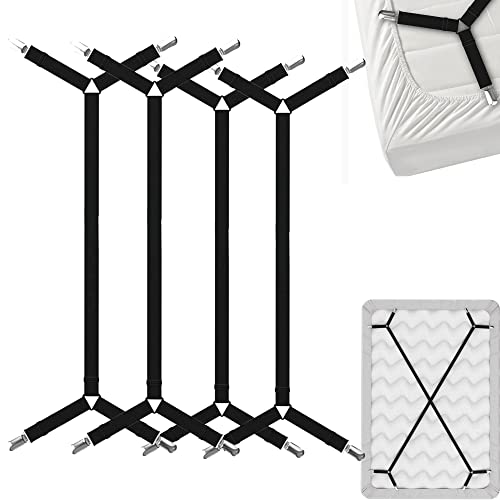 Criss-Cross Bed Sheet Holders, 4 PCS Black, Mattre... (Black 4pcs | Metal)