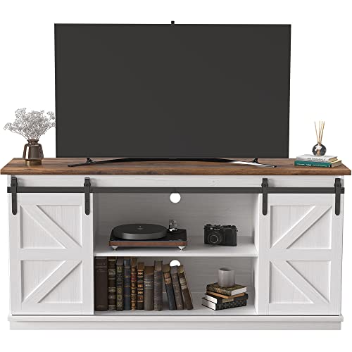 TV Stand for 65 Inch TV, Sliding Barn Doors, Brigh... (Bright White | Wood)