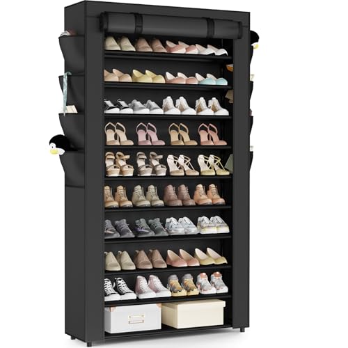 Mavivegue Shoe Rack with Cover, 10+1 Tier Tall Shoe Storage for 50-55 Pairs of Shoes, Shoe Organizer for Entryway, Closet