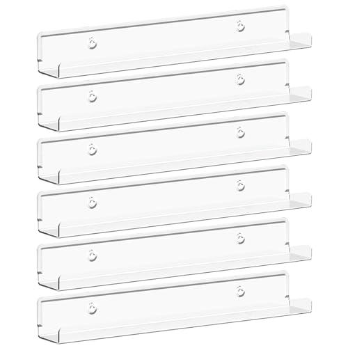 Lifewit Narrow Acrylic Floating Shelves for Vinyl Record 12", Clear 6 Pack | Wall Shelf for Nail Polish, Book, Picture, Makeup, Album Covers Display Organizer for Bedroom, Living Room, Bathroom Decor