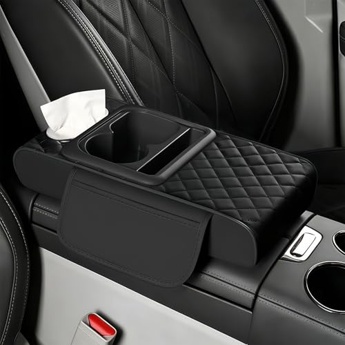 Upgraded 5 in 1 Car Center Console Cover, Leather Car Armrest Cushion with Side Storage Bags, Cup Holder, Tissue Box and Phone Stand, Universal Interior Accessory for Most Vehicles