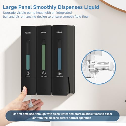 Shampoo and Conditioner Dispenser - Shower Soap Dispenser Wall Mounted No Drill - Shampoo Conditioner Body Wash Dispenser 3 Chamber - Easy Install for Bathroom Hotel Black 1200ml