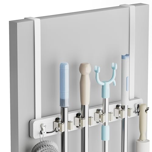 Broom Holder Door Mount, Wood Over the Door Broom... (White | Wood)