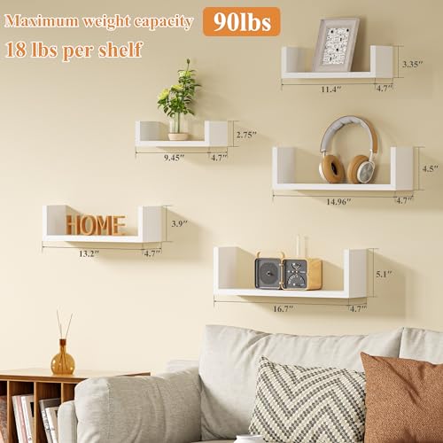 SRIWATANA White Floating Shelves, Set of 5 Solid Wood Wall Mounted Shelves | Sturdy Rustic Wall Organizers in 5-Piece Set; Space-Saving Wood Shelves to Create Custom Gallery Displays for Decor & Storage