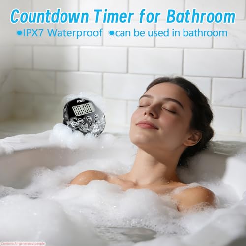 Digital Waterproof Shower Timer, Magnetic Bathroom Shower Clock | 99 Min 50 Sec Countdown, Count up, 12/24H Clock, Loud Alarm, Stand, Hanging Hole, Easy Operation, Child Friendly for Kitchen