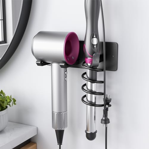Tindbea Hair Dryer Holder + Curling Iron Holder,Blow Dryer Holder Wall Mount, Bathroom Hair Tool Organizer Rack for Universal Dryer Matte Black