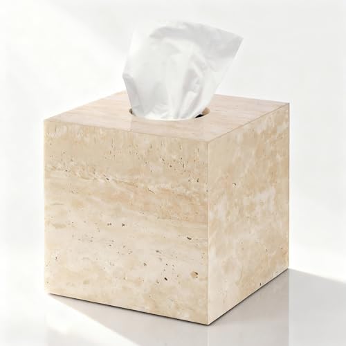 Natural Travertine Marble Tissue Box Holder Cover, Square Cube Tissue Box Holder with Open Bottom for Bathroom Vanity Tops, Bedroom Dressers, Kitchen Countertop, Travertine Beige(NS022)