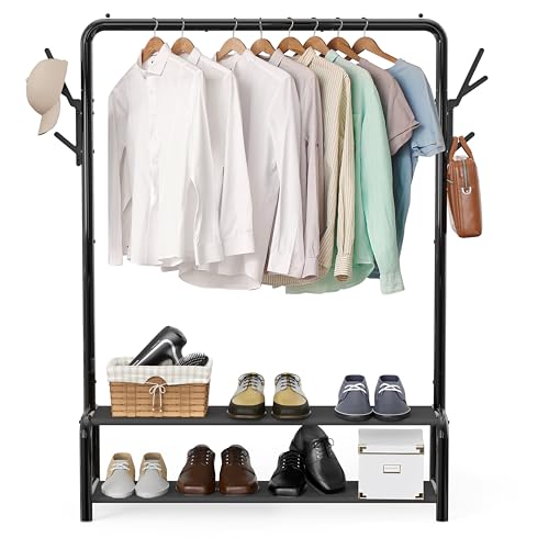 Simple Houseware 52" W Freestanding Closet Garment Rack with Shelves, Black | With 600D Fabric Shelves, Hanger Stoppers, and Hooks for Coat & Hat