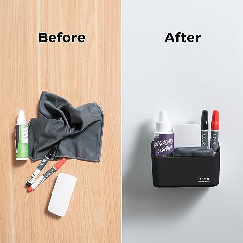 loukin Magnetic & Adhesive Marker Holder, Whiteboard Accessory Tray, Black | 5.3" × 2.2", Holds 1 Eraser and 8 Markers, Supports up to 3.3 lb, 2 Mounting Options, Fits Glass and Refrigerators