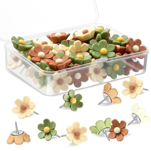 Sawysine 60 Pcs Cute Push Pins Decorative Push Pins Thumb Tacks Colorful Flower Pushpins, Flower Thumb Tack for Cork Board Wall Office Home(Coffee Color, Beige, Green)