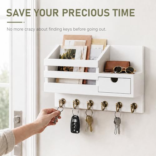 FifthQuarter Key Holder Wall Mount with Drawer and 6 Sturdy Hooks | Wooden Entryway Organizer and Decorative, Easy Installation