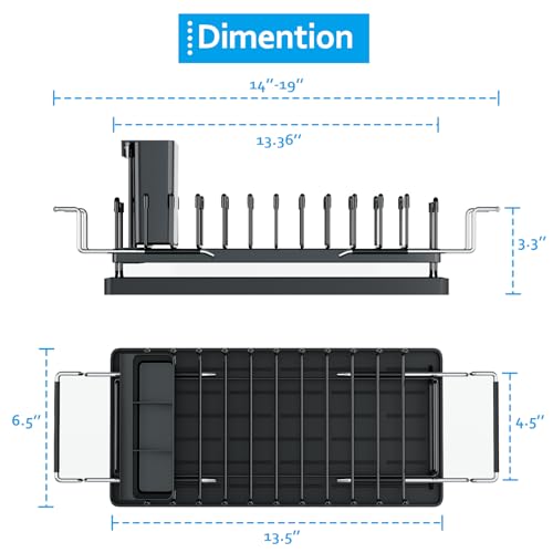 Sink Dish Drying Rack - Expandable Small Dish Rack Over Sinks with Silicone Drying Tray, Dish Drainer for Kitchen Counter with Cutlery Holder, Drying Rack Fit for 14’’-19’’ Kitchen Sink
