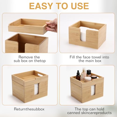 Bamboo Face Towel Holder with 120 XL Towels - Open-Top Skincare Organizer for Facial Cleansing Wipes & Beauty Essentials - Bathroom Countertop Vanity Organizer
