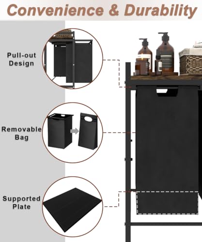 10 x 3 Gal Large Laundry Hamper, Rustic Brown and Black | Freestanding Clothes Basket Organizer with 3 Pull-Out & Removable Sorter Bags for Clothing or Toys in Bathroom & Living Room