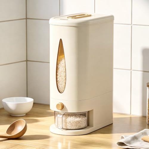 samstar Large Capacity Rice Dispenser 22-25 lbs, Sturdy & Airtight Rice Storage Container, Quick Rice Dispensing Design, Moisture Resistant Grain Storage Bin Rice Holder for Kitchen, BPA-Free, Beige