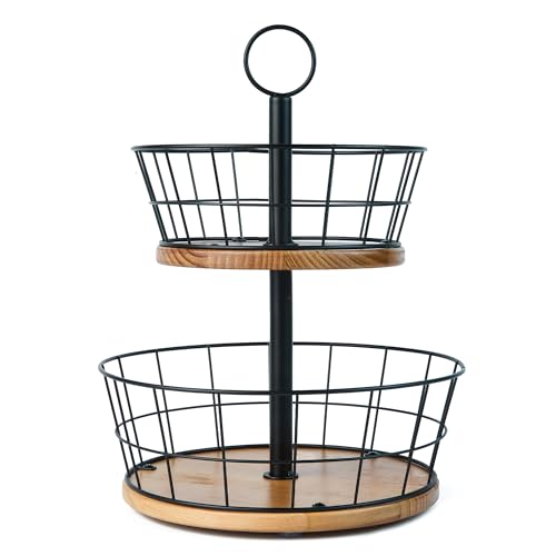WILDMOS 2 Tier Fruit Bowl - Sturdy Iron Wire Fruit Basket with Real Wood Base, 12 Inch Large Fruit Basket for Kitchen Counter, Anti-Slip Silicone Pads, 2 Tier Fruit and Vegetable Storage Solution