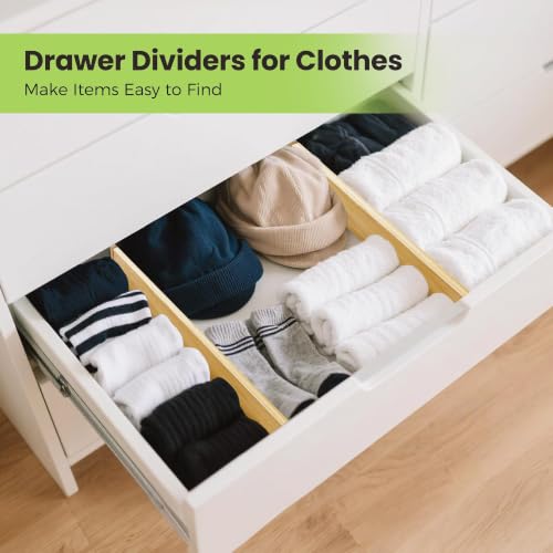 Drawer Divider, Adjustable Bamboo Kitchen Drawer Organizer, Spring Loaded Drawer Organizer, Dresser Separators for Kitchen, Bathroom, Clothes, Office Desk Storage (Natural, 4 Pack Large)