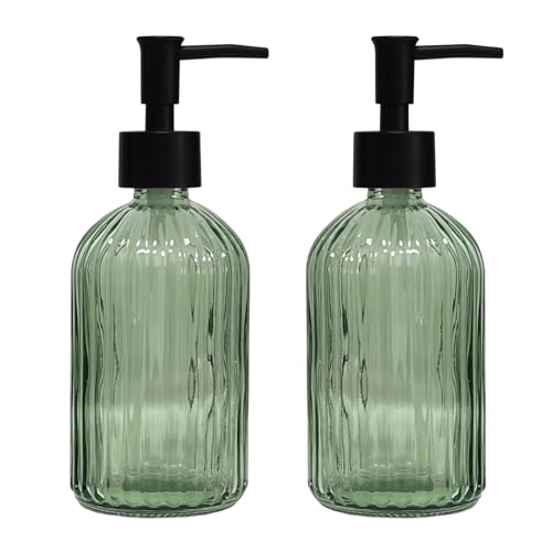 YYTSGG Green Glass Soap Dispenser Set with Black Pump, 13.5oz, 2 Pack | Refillable Liquid Hand Soap Dispenser, Lotion Dish Soap Dispenser for Modern Home Decor, Bathroom, Kitchen Countertop, Hotel