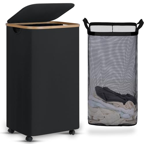Laundry Basket with Wheels, Tall Rolling Laundry H... (Black | Oxford cloth)