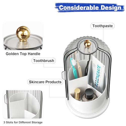 Dustproof Toothbrush Holders with Cover for Bathrooms, Rotating Covered Tooth Brush Holder for Bathroom Counter, Dust Proof Plastic Makeup Brush Holder Organizer with Sliding Lid for Vanity,Grey White