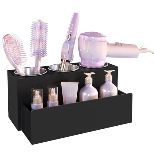 Matte Black Countertop Hair Tool Organizer for Vanity | Stainless Heat Insulated Cups, Detachable Drawer, Stores Hot Styling Tools, Hair Dryer & Curling Irons