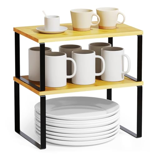 Cabinet Shelf Organizers 2 Pack, Kitchen Counter R... (Black + Natural | Bamboo)